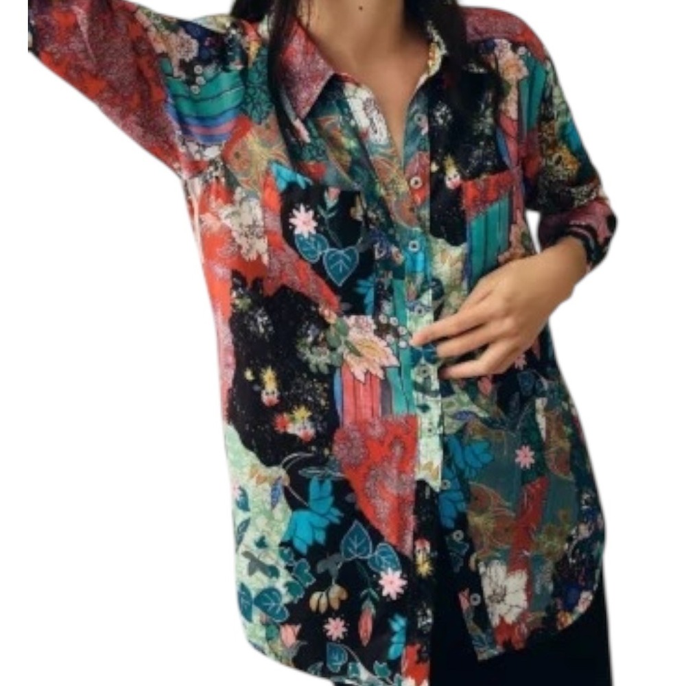 NWT Anthropologie Collage Patchwork Floral Button Up Satin Shirt Blouse Size XXS